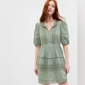 Gap women’s sage puff sleeve lace mini dress green eyelet slip XL